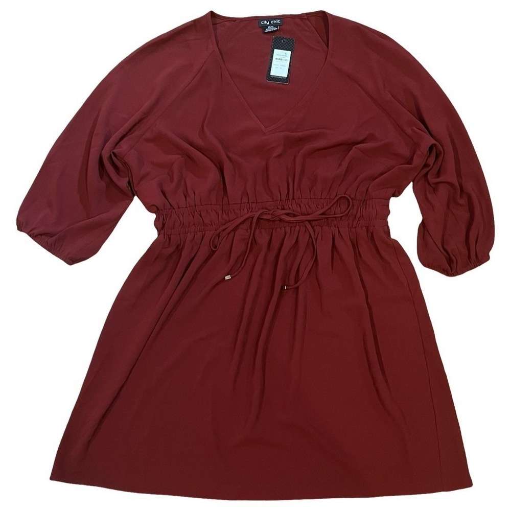NWT City Chic Dress Size 14 Tunic Desire‎ Henna Red Drawstring Waist 3/4 Sleeve